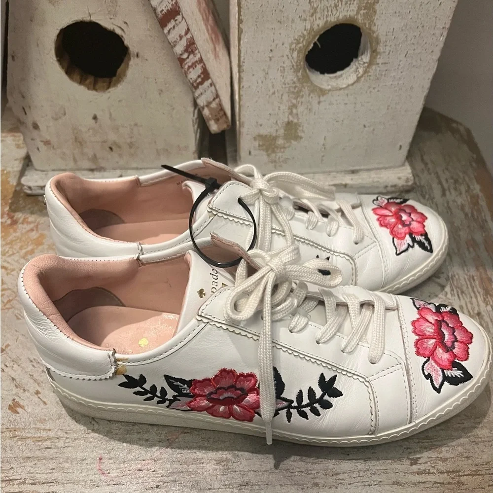 Kate Spade White Sneakers with Pink Floral Embroidered Design 7.5